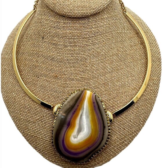 Whimsical Jessica Simpson Agate Slice Necklace Collar Gold Tone Coastal Cowgirl - Picture 1 of 6